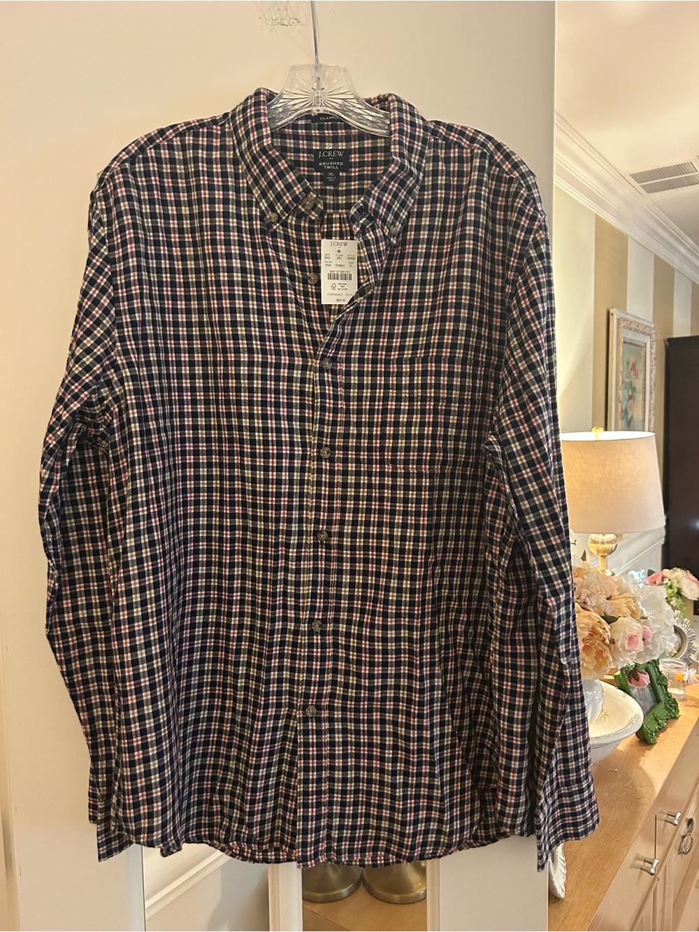 J. Crew Men's Navy and Red Multi-Plaid Flannel Button-Down Shirt
